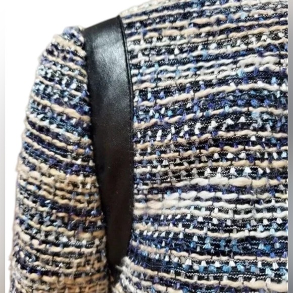 Alfred Dunner Tweed Metallic Blue Jacket Open Front Faux Vegan Leather Size 12 - Picture 3 of 12